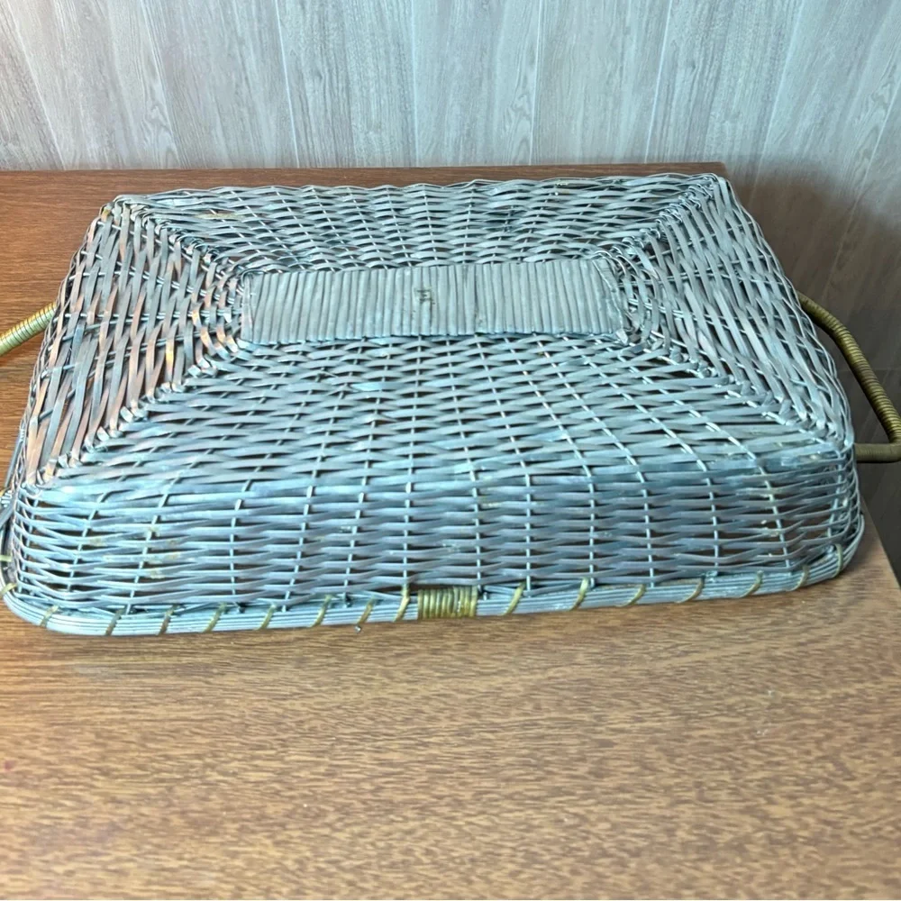 Vintage Aluminum And Brass Gray Woven Rectangular Basket with Brass-Tone Handles